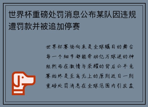 世界杯重磅处罚消息公布某队因违规遭罚款并被追加停赛